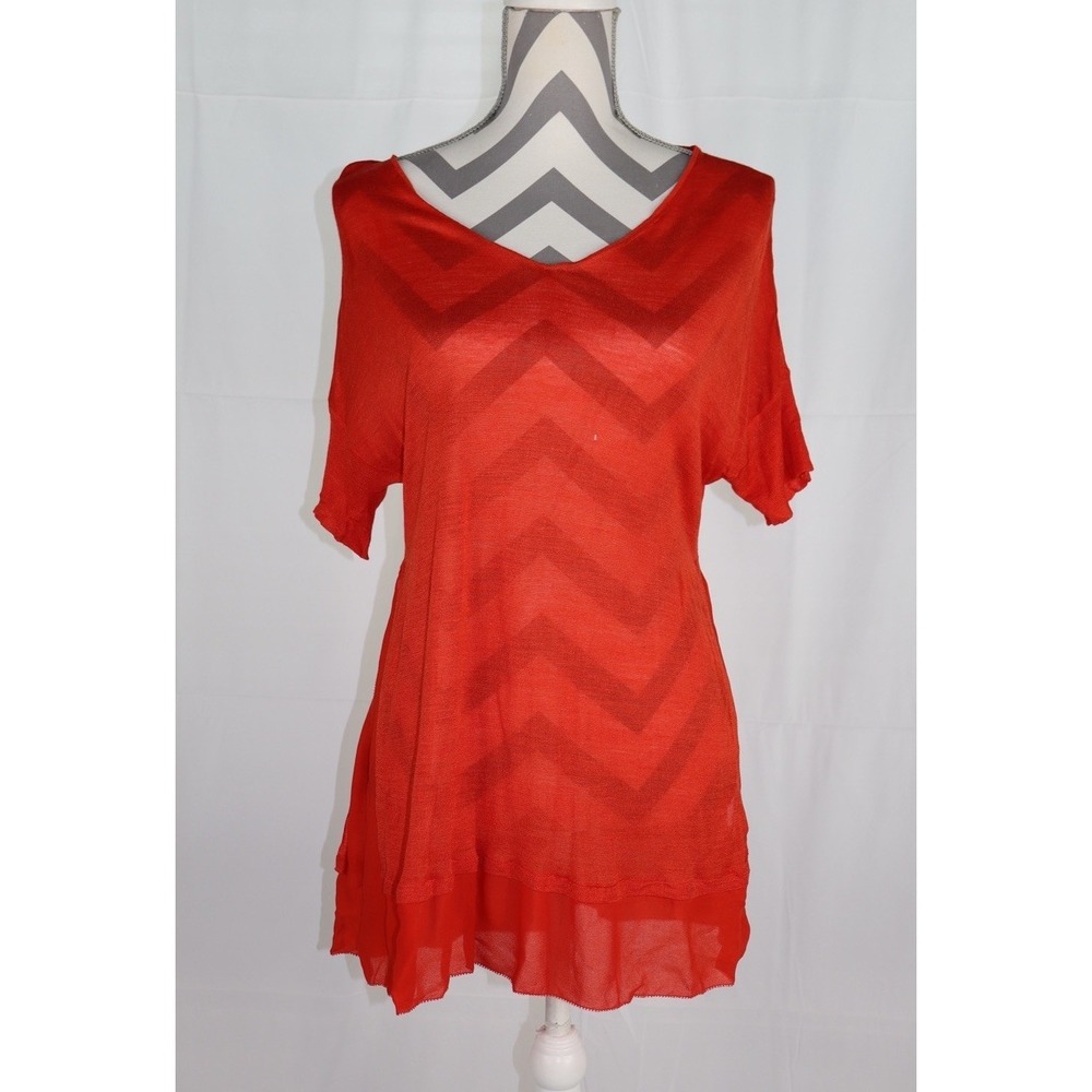 NWT Eileenโ Fisher Silk Tussah Jersey Chiffon Trim Tunic Top Red XS *READ*